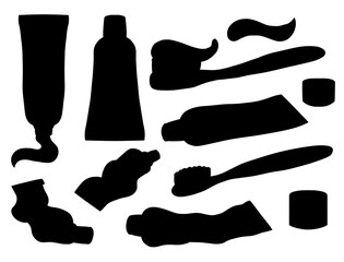 Vector set of black silhouette of toothbrush, tubes, tooth powder and toothpaste with hatching. Collection of clip arts of mouth hygiene items for articles, banners and stickers