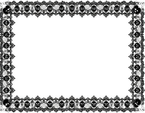 Gothic Halloween frame border with intricate black lace and skull patterns on a transparent background.