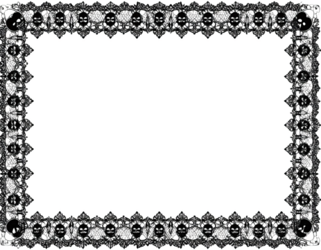 Gothic Halloween frame border with intricate black lace and skull patterns on a transparent background.
