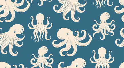 Vector seamless pattern of white octopus silhouettes on a blue background for textiles, wallpapers, packaging, or marine-themed designs. Bold retro style with repeating marine creatures.