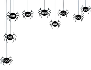 Cute cartoon spiders with smiling faces hanging as Halloween corner decorations on a black background.