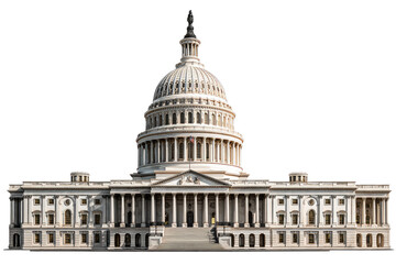 Fototapeta premium Front facade of a large, light beige capitol building. Domed top, many columns, steps leading up