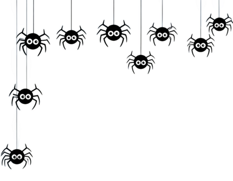 Cute cartoon spiders with smiling faces hanging as Halloween corner decorations on a black background.