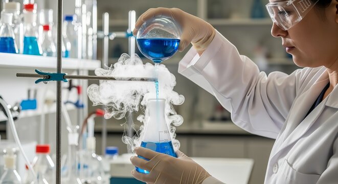 A scientist in a laboratory carefully pours blue liquid from a round bottom flask into an erlenmeyer flask while conducting experiments.