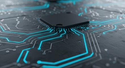 Close-up of a black computer processor chip with glowing blue circuit lines on dark circuit board surface, electronic components and technology background with futuristic digital theme
