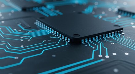 Close-up of a black computer processor chip on a motherboard with blue circuit lines and electronic components in a high-tech data processing environment