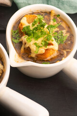 French Onion Soup with Baguette, Cheese and Parsley