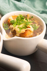 French Onion Soup with Baguette, Cheese and Parsley