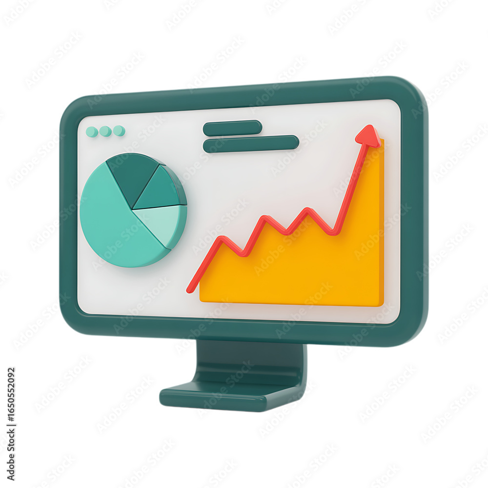 Poster 3d illustration of a computer screen displaying a growth chart and pie chart, symbolizing business s