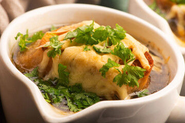 French Onion Soup with Baguette, Cheese and Parsley