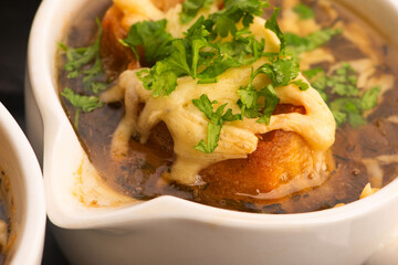French Onion Soup with Baguette, Cheese and Parsley