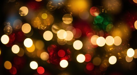 Colorful bokeh lights with red green yellow and white glowing circles in blurred background for festive holiday celebration or Christmas party lights background