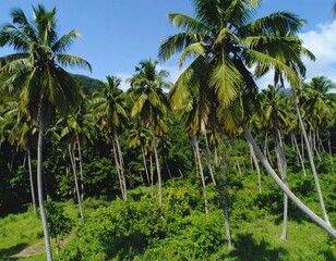 Obraz premium Lush tropical landscape with tall palm trees leaning slightly, under a vibrant blue sky