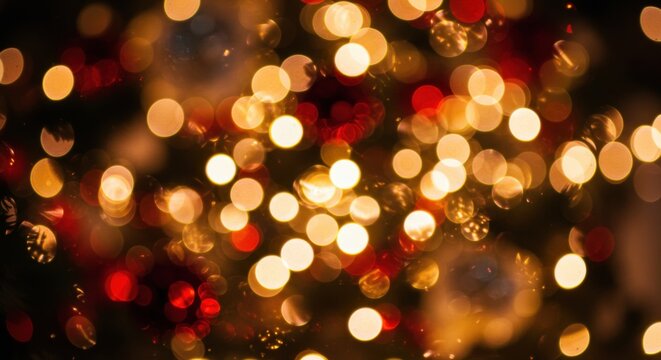 Blurred Christmas lights bokeh backdrop with warm glow and festive red and gold tones holiday decoration background festive ambiance and celebration atmosphere at night