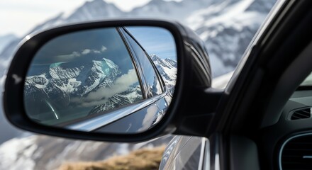Naklejka premium Car rearview mirror reflects snowy mountains