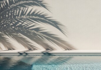 Palm tree shadow cast on a textured wall next to a clear blue swimming pool on a sunny day