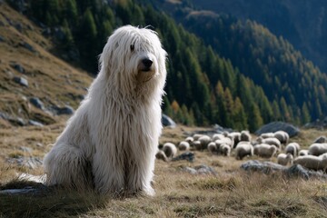 Komondor Sheepdog sitting near flock, Long white fur coat in mountain field Guarding sheep in alpine pasture, traditional herding dog at work