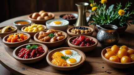 Abundant middle eastern breakfast spread with variety of dishes