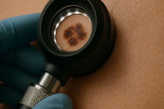 Dermatologist examining skin mole with dermatoscope