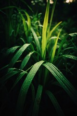 Lush green grass blades with dew drops