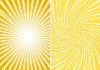 Obraz premium Split image showing two abstract yellow radial burst patterns with bright centers, one with straight lines and the other with swirling lines