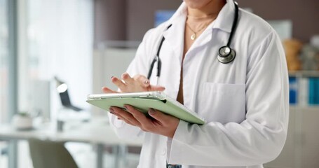 Hands, person and doctor with tablet in hospital for research, medical results and Telehealth. Woman, typing and digital for surgery schedule, patient record and information for treatment feedback - Powered by Adobe