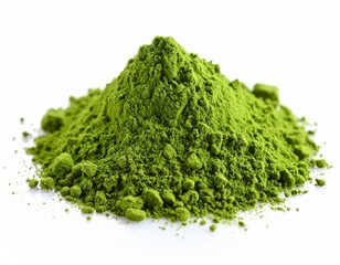 A close-up of ceremonial matcha being prepared, showcasing its rich color and fine texture perfect for themes of natural energy, and mindful rituals. Versatile matcha powder, white background 
