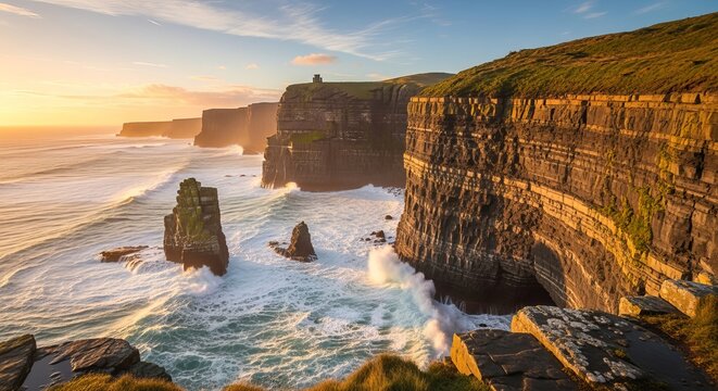The Cliffs of Moher stand tall and majestic as waves crash against the base during a beautiful sunset in ireland.
