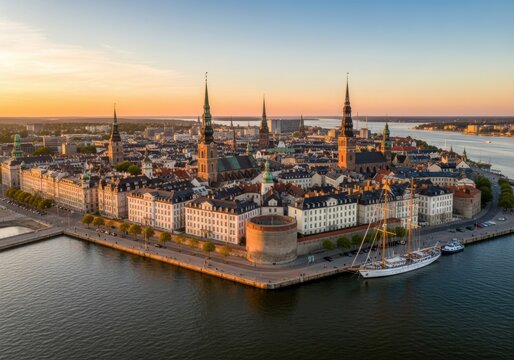 Aerial view of historic riga cityscape at sunset with river and sailboats
