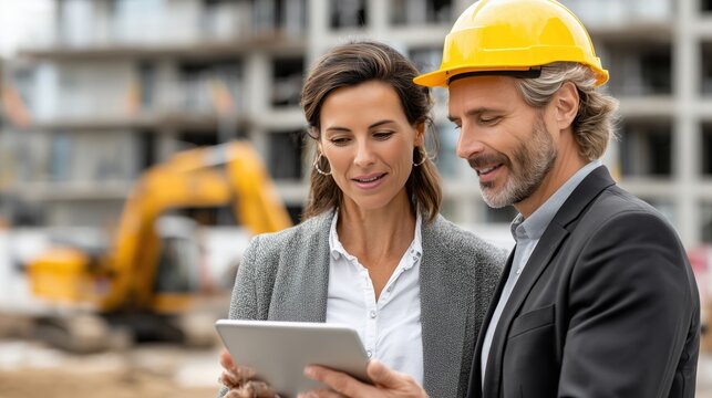 Construction site meeting, architect and engineer discussing plans on tablet