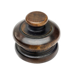 Dark-hued wooden trinket box, likely antique, with a domed top and double ringed design.  A polished surface showcases intricate wood grain patterns