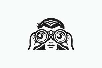 Smiling Explorer Looking Through Binoculars with Mountain Peaks on White Background