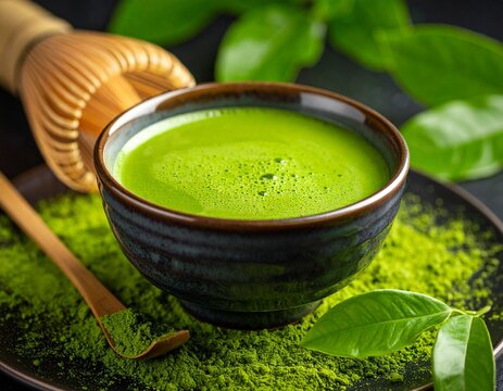A close-up of ceremonial matcha being prepared, showcasing its rich color and fine texture perfect for themes of natural energy, antioxidants. Versatile matcha powder, white background 