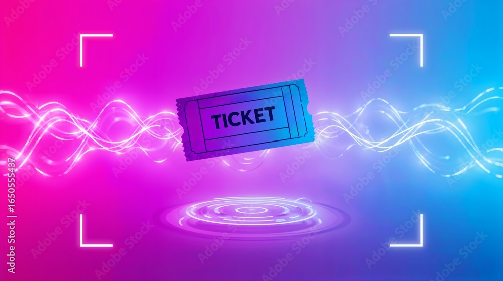 Poster torn movie ticket stub floating in colorful background with lights