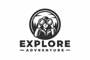 Smiling Adventurer Looking Through Binoculars Logo Design on White Background