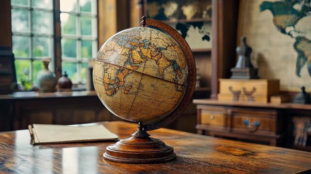Vintage globe on wooden desk with old books and map background