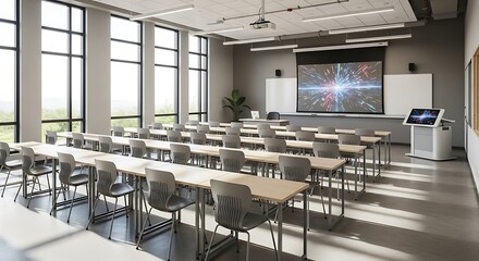 Modern classroom design showcasing rows of desks, large windows, and technology ready for lectures