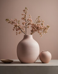 pair of ceramic vases with delicate branches on pastel pink background