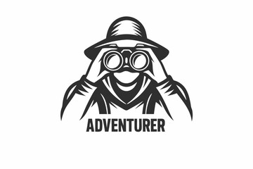 Woman with Binoculars in Circle Against Mountain on White Background