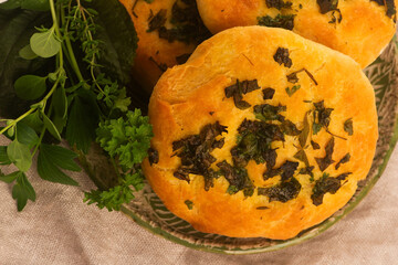 Manakish with Herbs on Handmade Ceramic Plate