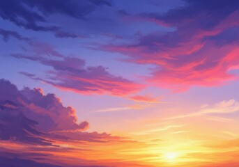 Obraz premium Beautiful sunset sky with vibrant pink, orange, and purple clouds, casting a warm glow across the horizon