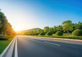 Fototapeta premium Scenic asphalt road stretching towards the horizon with green trees and blue sky on a sunny day