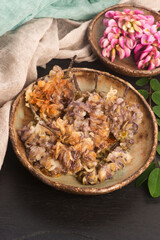 Pink Acacia Flower Tempura on Handmade Ceramic Plate