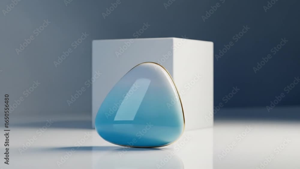 Poster elegant 3d render of gradient blue object with gold accent next to a white cube, rotating views