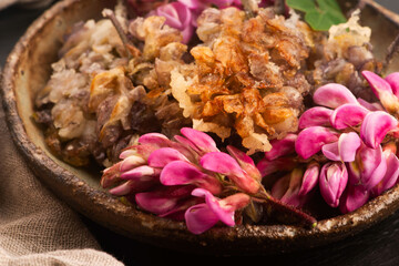 Pink Acacia Flower Tempura on Handmade Ceramic Plate