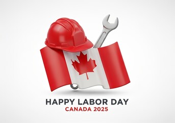 Vibrant Canadian Labor Day 2025 celebration featuring national flag, essential worker's hard hat, and industry wrench, symbolizing dedication and prosperity.