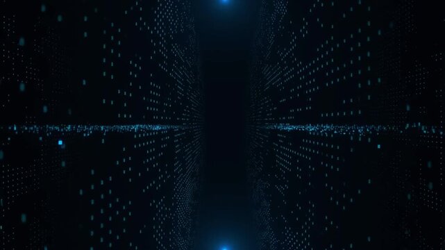 Animation of binary data bits streaming across a dark network grid