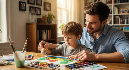 Fototapeta premium A dad and son are painting a picture together at the table in living room, sharing a creative activity, concept for family bonding, art education and creative hobby