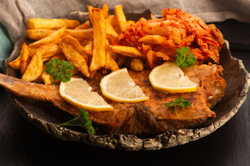Breaded flounder with fries and kimchi