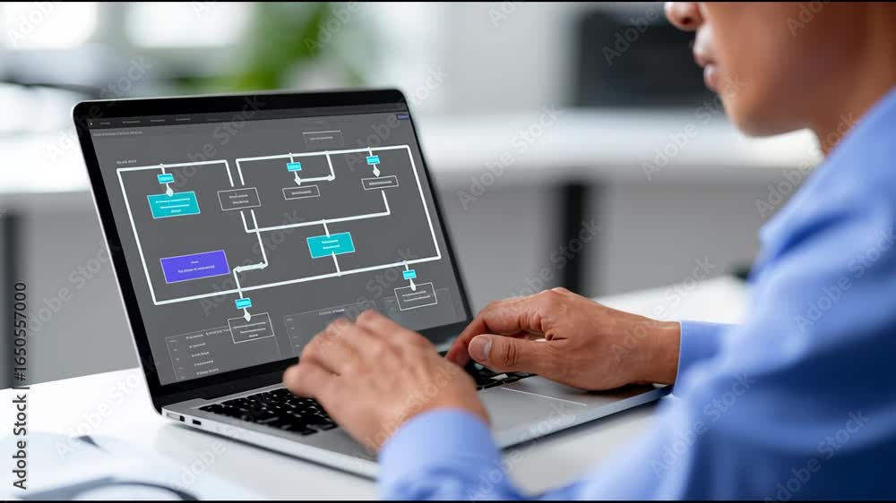 Poster engaging in software development with flowchart design and collaboration in a modern office setting